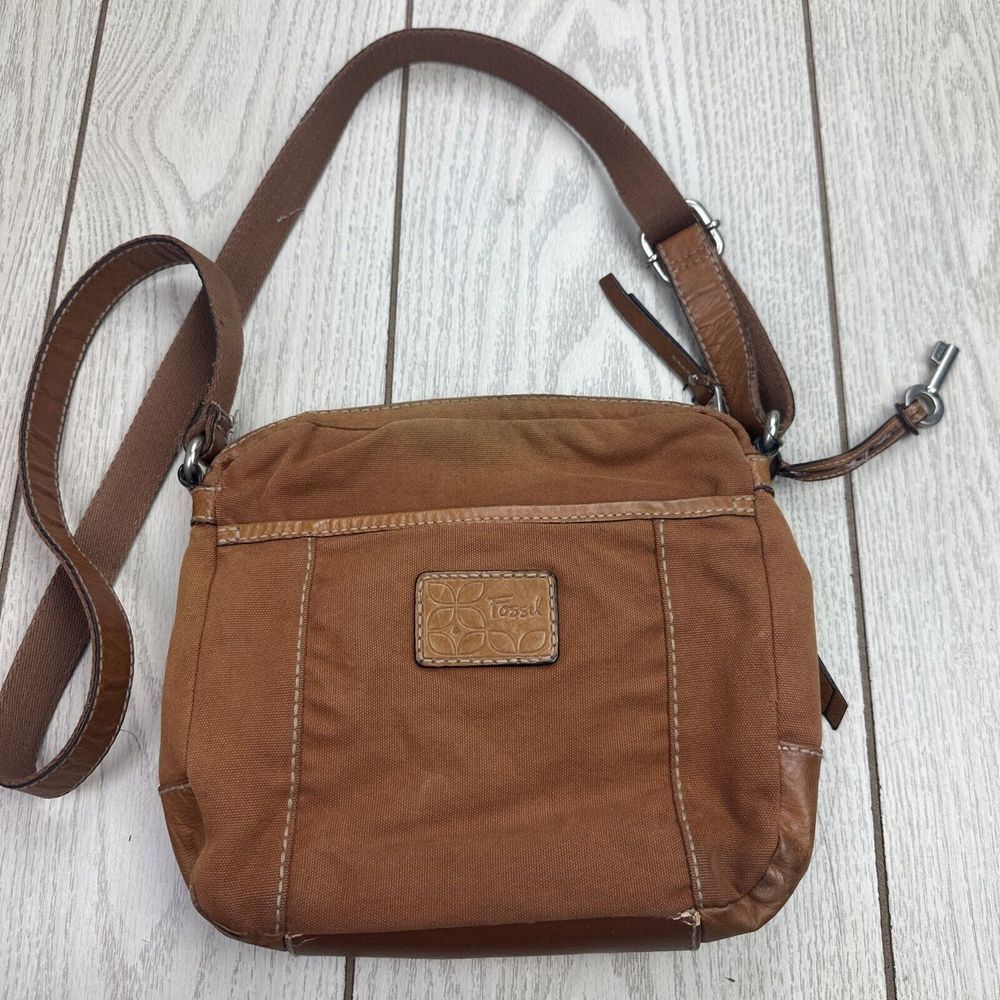 Fossil Brown Distressed Leather Canvas Crossbody Messenger Bag